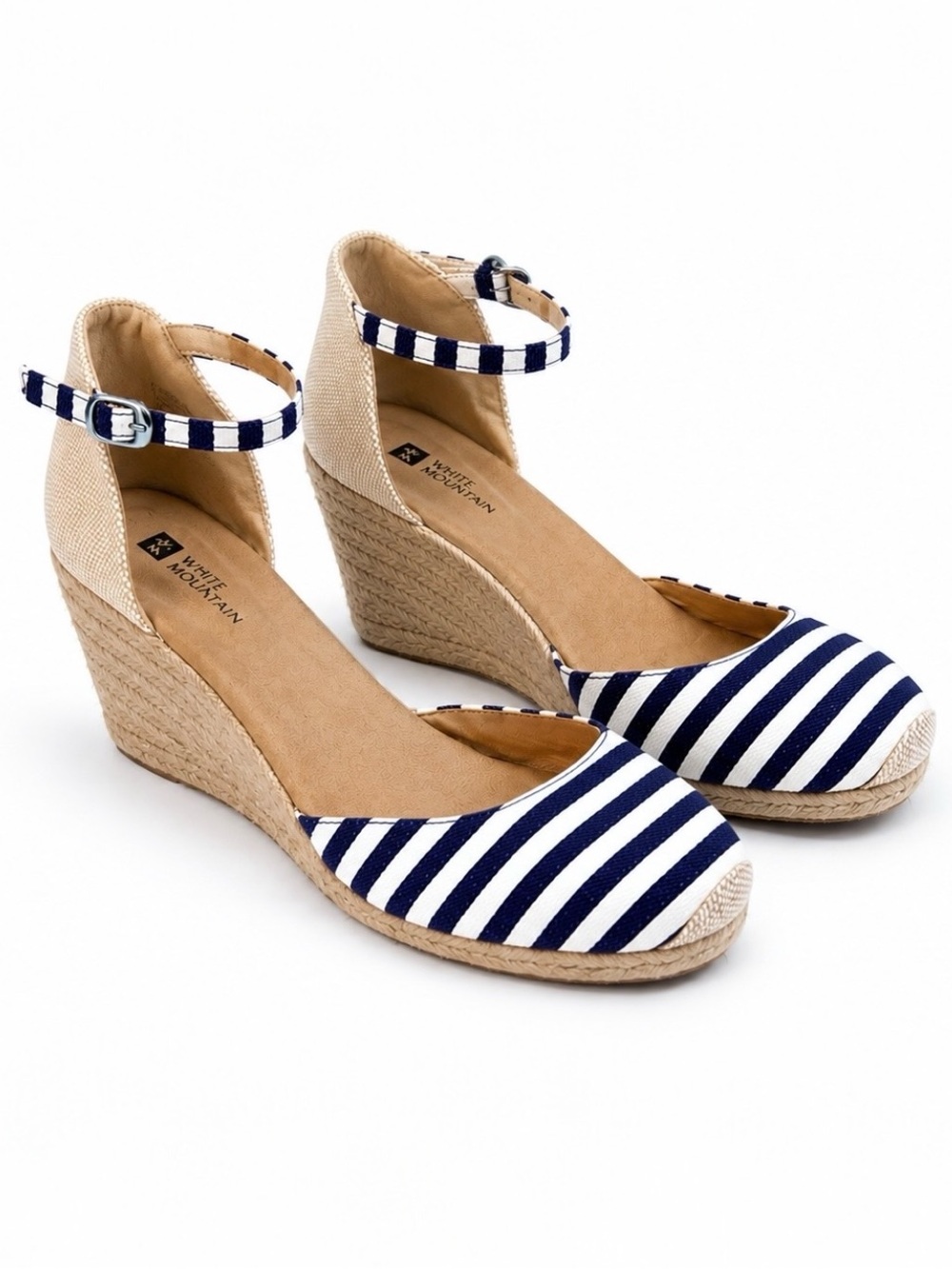White Mountain Mamba Navy White Striped Espadrille Wedge Sandals Women’s Size 9
